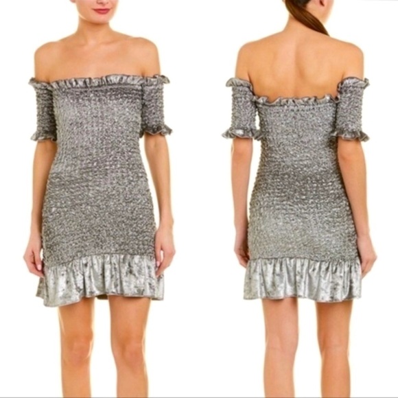 NWT Petersyn Benson Off the Shoulder Bodycon Mini Dress Silvery Grey Size Small - Picture 1 of 16